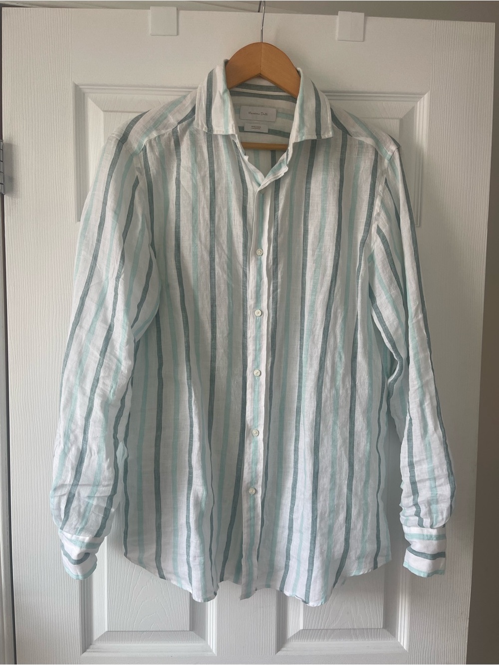 Massimo Dutti White & Seafoam Striped Linen Button-Down Shirt